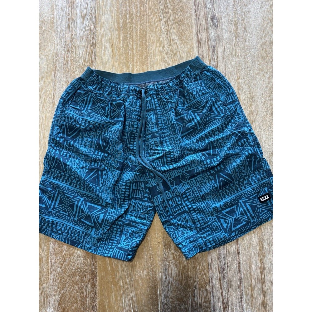 SAXX Cannonball 2N1 Swim Shorts Mens L Teal Geometric BallPark Pouch Lined Trunk